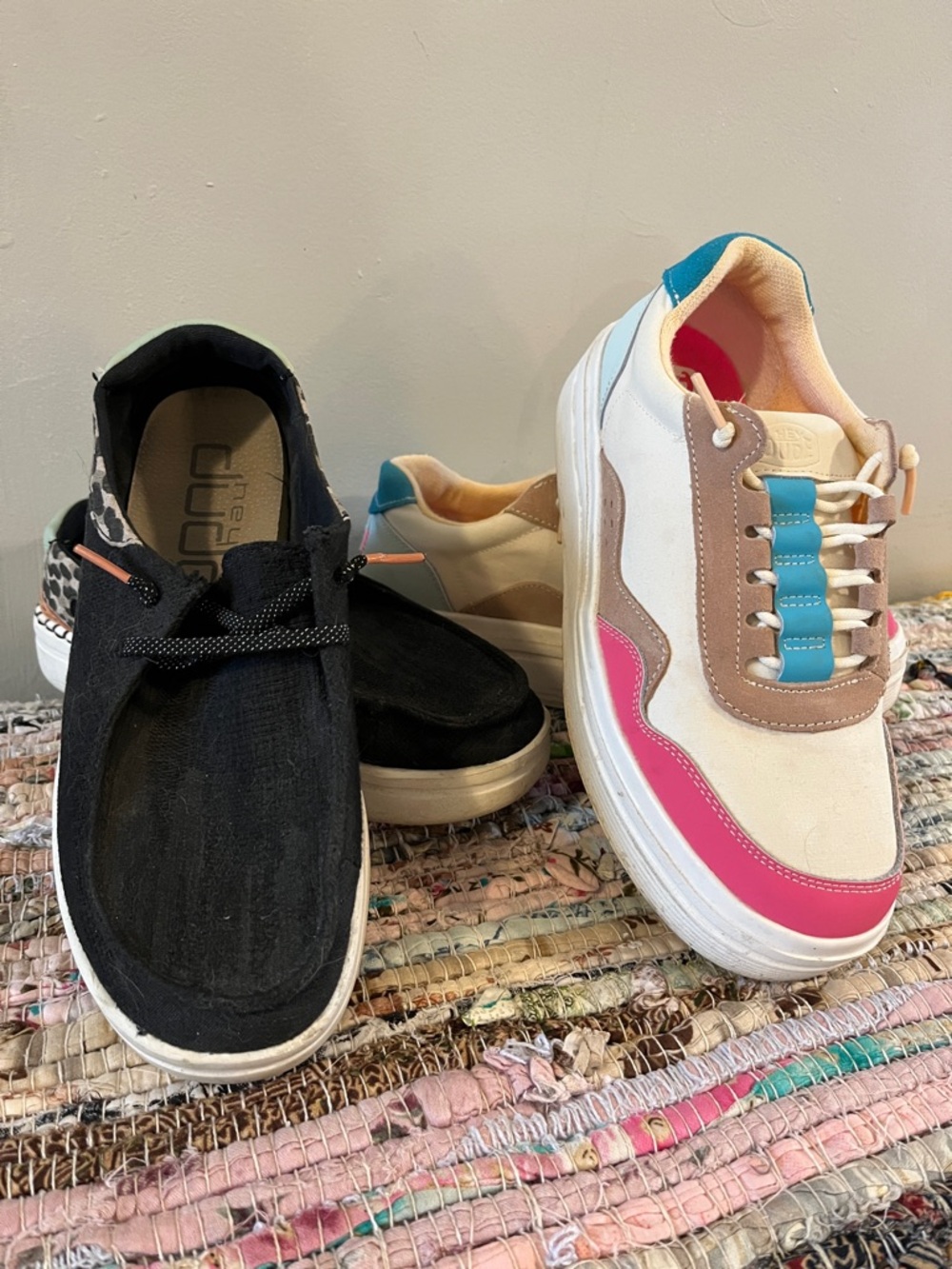 Hey Dude Women's Black Slip-On & White Multi-Color Sneakers (2 pairs included)